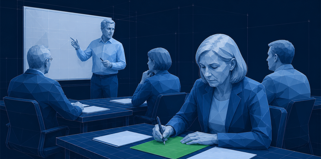 Zeichnung einer Schulungssituation im Betrieb; im Vordergrund arbeitet eine Frau an eigenen Unterlagen, das Blatt vor ihr ist grün.