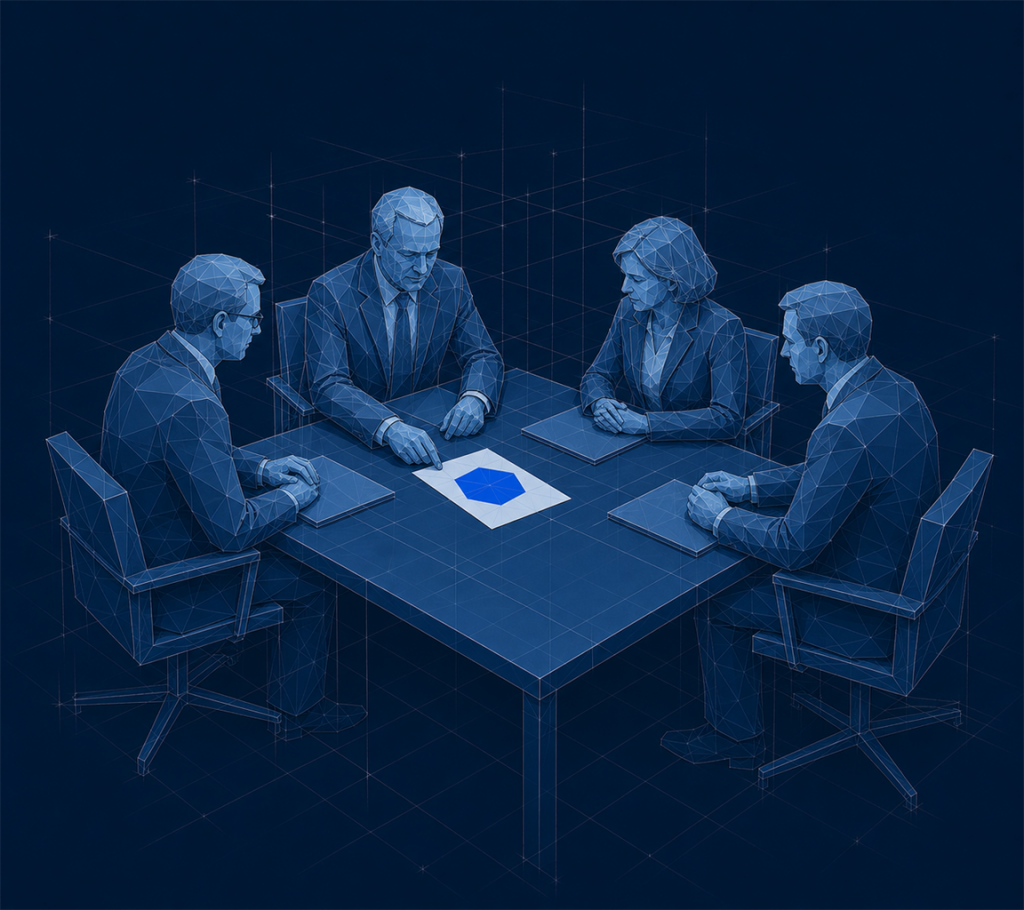 Zeichnung einer förmlichen Runde am Tisch; eine Person legt ein Blatt in die Mitte, das Blatt ist blau.